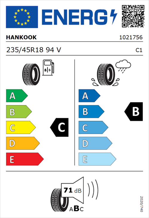 Tyre Label for Hankook Ventus Prime 3 K125 235/45R18 94V