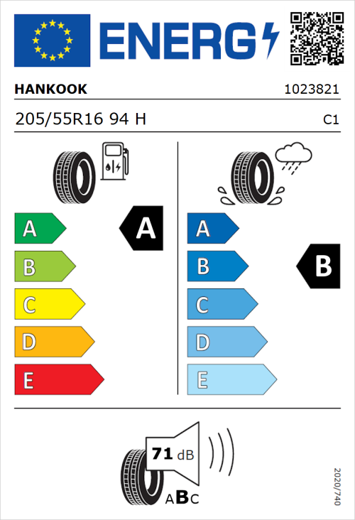 Tyre Label for Hankook Ventus Prime 3 K125 205/55R16 94H