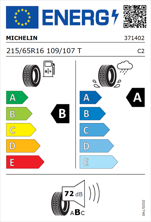 Tyre Label for Michelin Agilis 3 215/65R16 109/107T