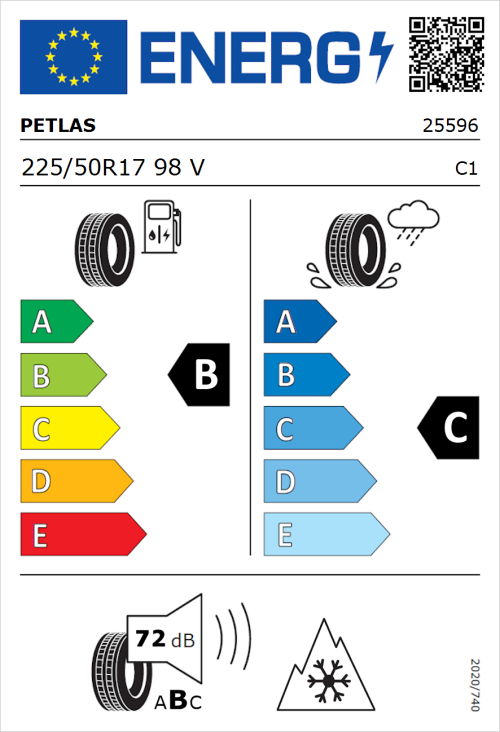 Tyre Label for Petlas Multi Action PT565 225/50R17 98V
