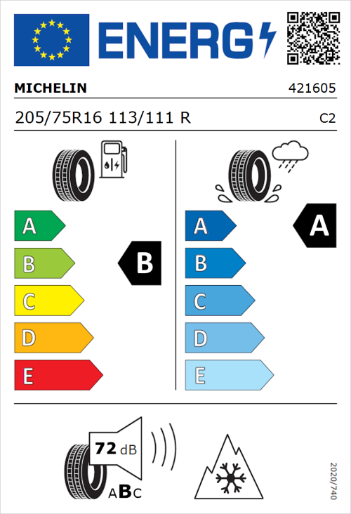 Tyre Label for Michelin Agilis 3 205/75R16 113/111R