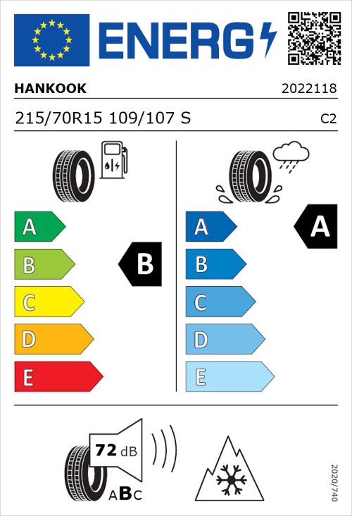 Tyre Label for Hankook Vantra Transit (RA58) 215/70R15 109/107S